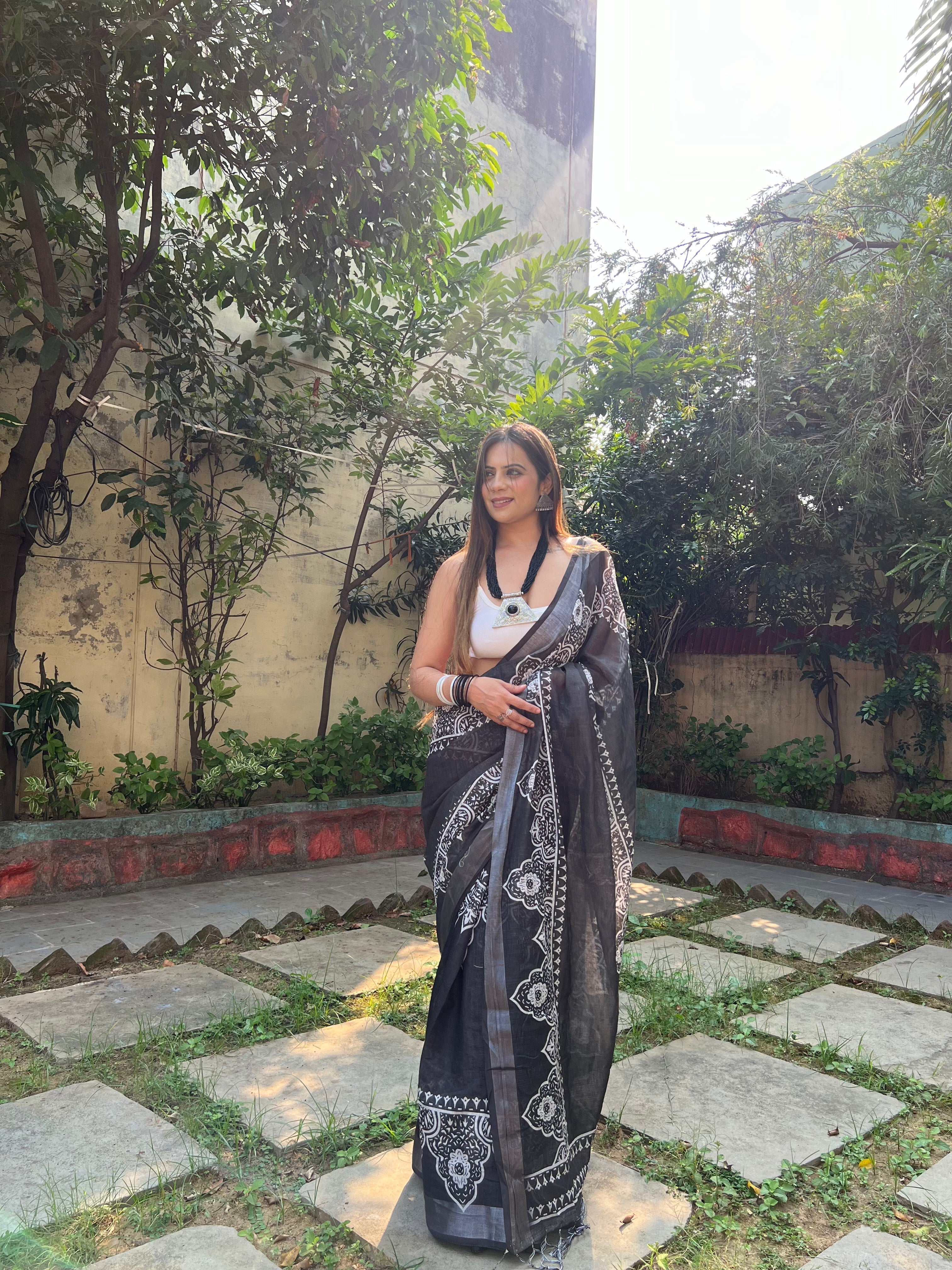 Black and White Pure Cotton Linen Saree with Intricate Floral Design and Tassels on Edges LINEN