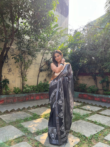 Black and White Pure Cotton Linen Saree with Intricate Floral Design and Tassels on Edges LINEN