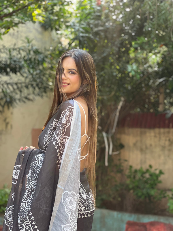 Black and White Pure Cotton Linen Saree with Intricate Floral Design and Tassels on Edges LINEN
