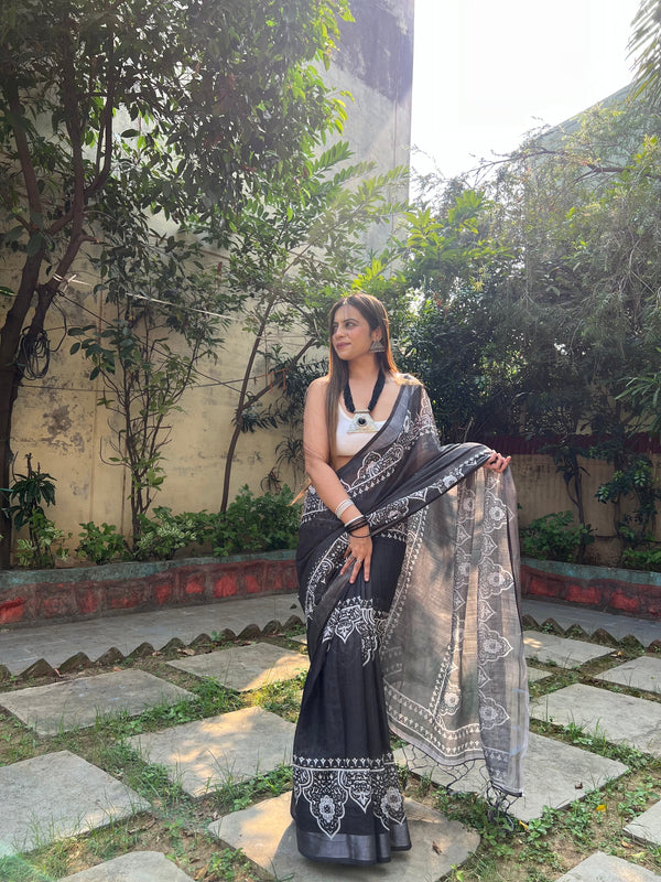 Black and White Pure Cotton Linen Saree with Intricate Floral Design and Tassels on Edges LINEN
