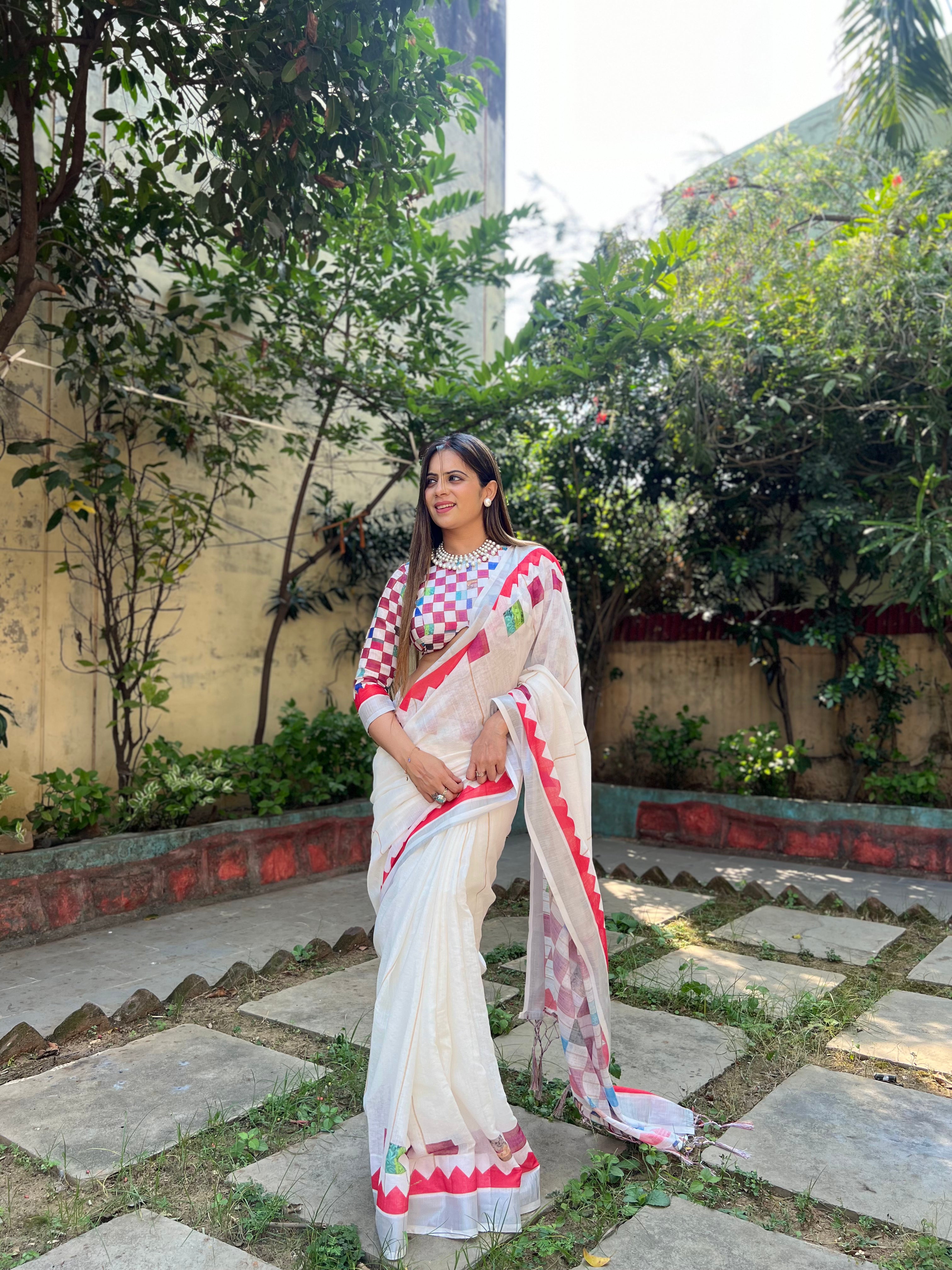 White Pure Cotton Linen Saree with Multicolor Checkered Design, Blouse, and Tassel Detailing Secondary image