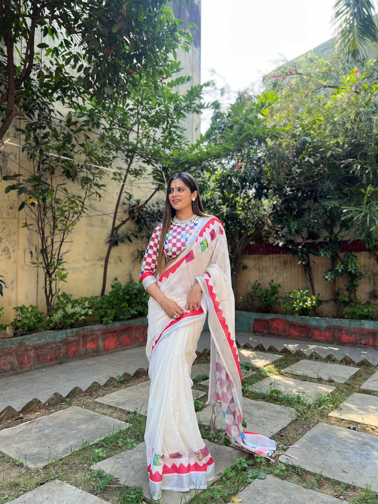 White Pure Cotton Linen Saree with Multicolor Checkered Design, Blouse, and Tassel Detailing LINEN