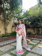 Load image into Gallery viewer, White Pure Cotton Linen Saree with Multicolor Checkered Design, Blouse, and Tassel Detailing LINEN