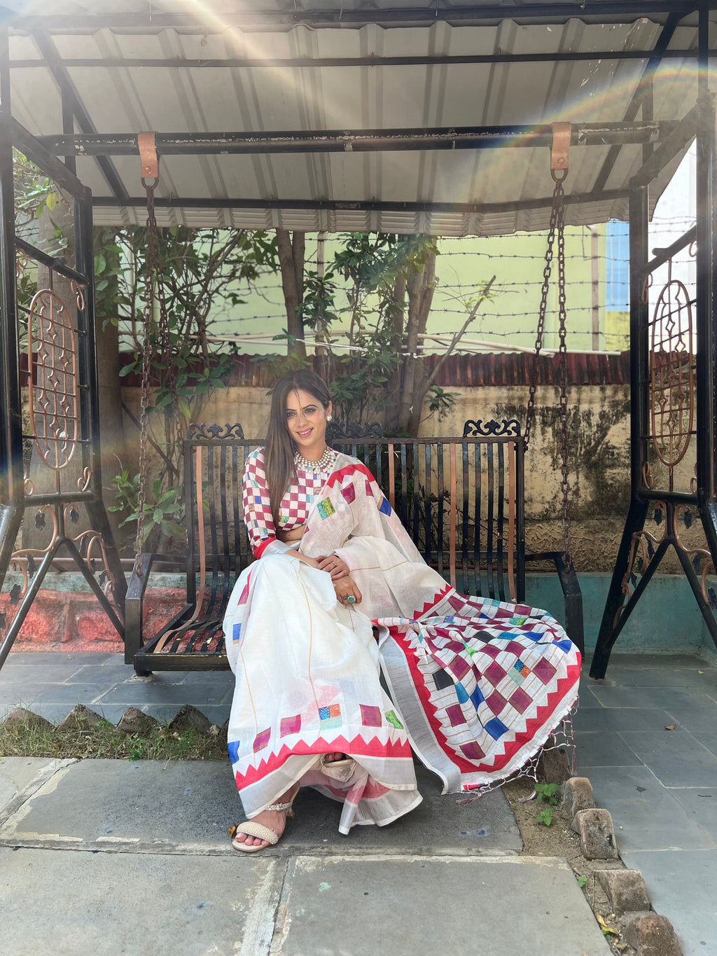 White Pure Cotton Linen Saree with Multicolor Checkered Design, Blouse, and Tassel Detailing LINEN