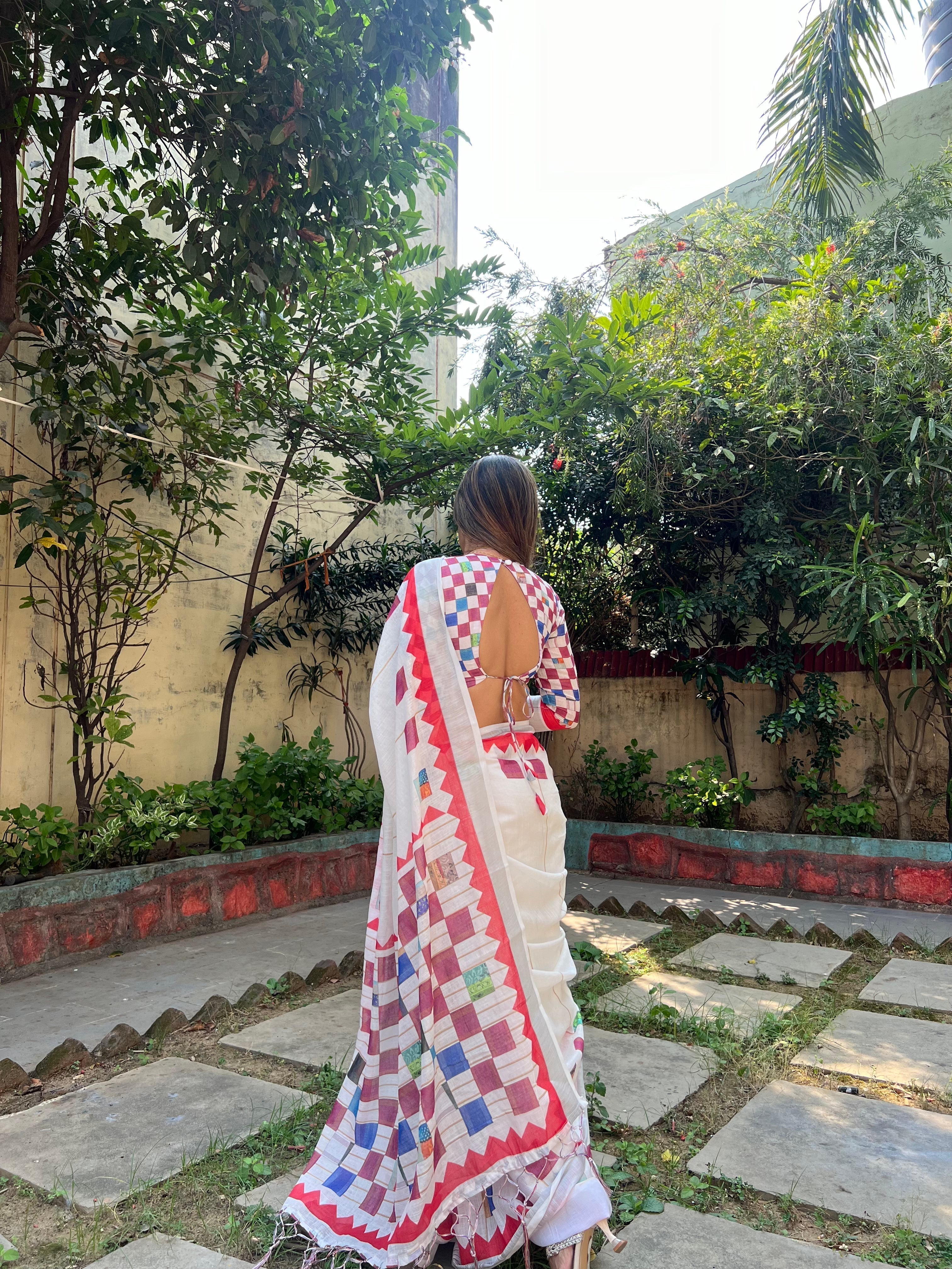 White Pure Cotton Linen Saree with Multicolor Checkered Design, Blouse, and Tassel Detailing LINEN