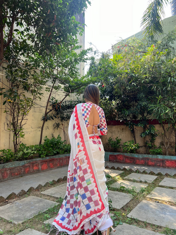 White Pure Cotton Linen Saree with Multicolor Checkered Design, Blouse, and Tassel Detailing LINEN
