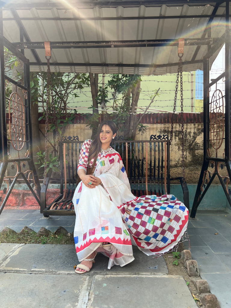 White Pure Cotton Linen Saree with Multicolor Checkered Design, Blouse, and Tassel Detailing LINEN