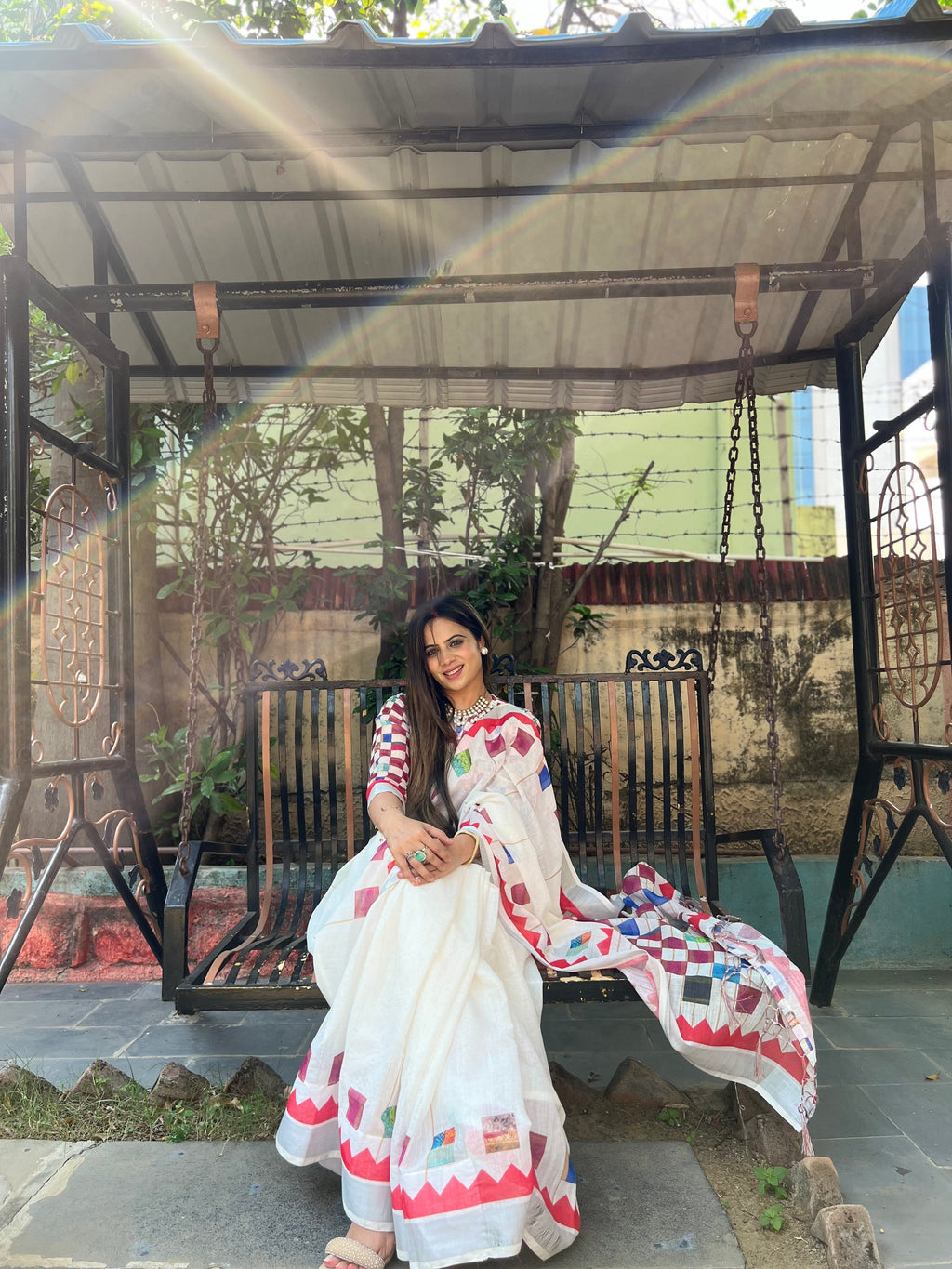 White Pure Cotton Linen Saree with Multicolor Checkered Design, Blouse, and Tassel Detailing LINEN