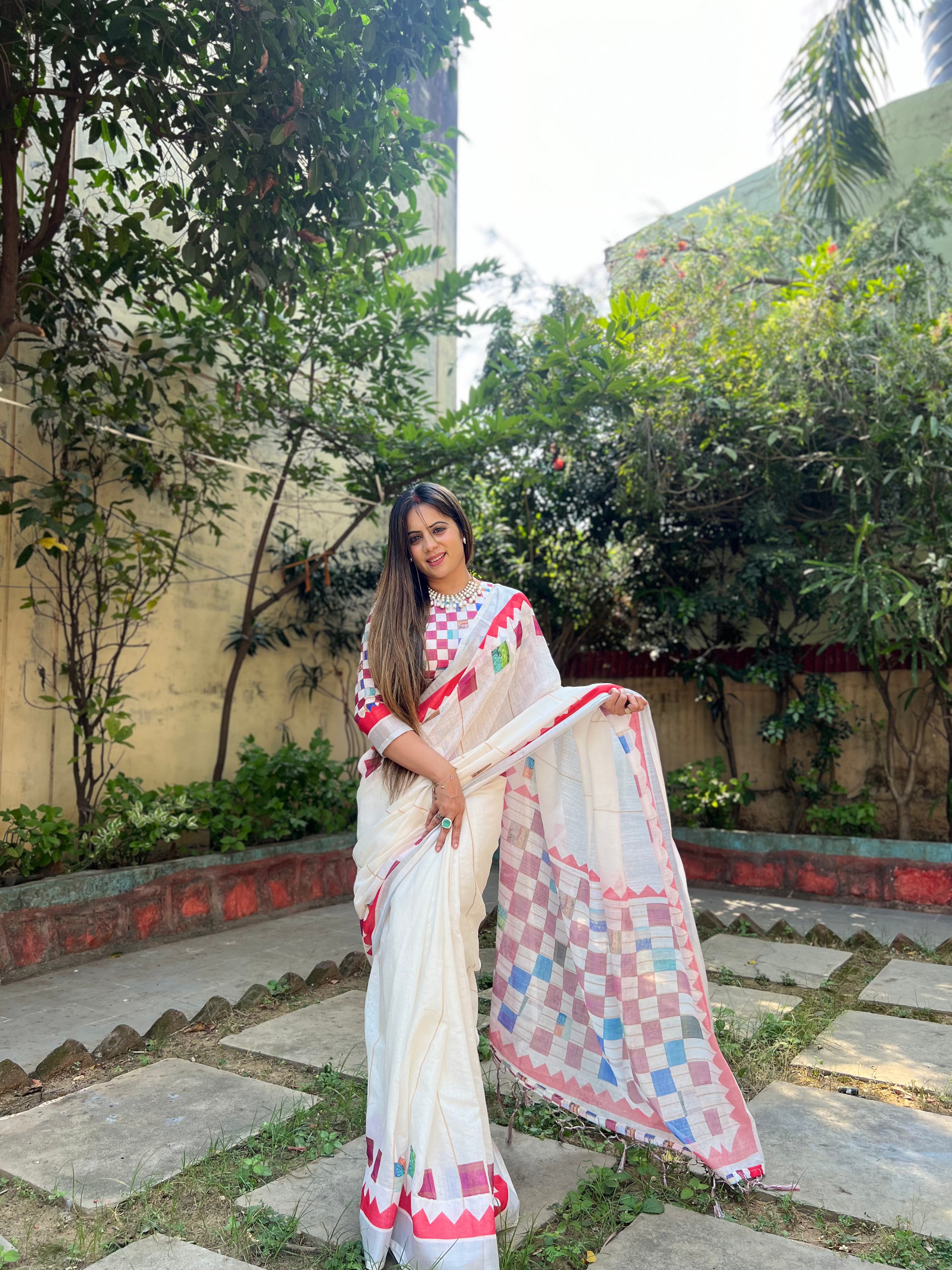 White Pure Cotton Linen Saree with Multicolor Checkered Design, Blouse, and Tassel Detailing LINEN