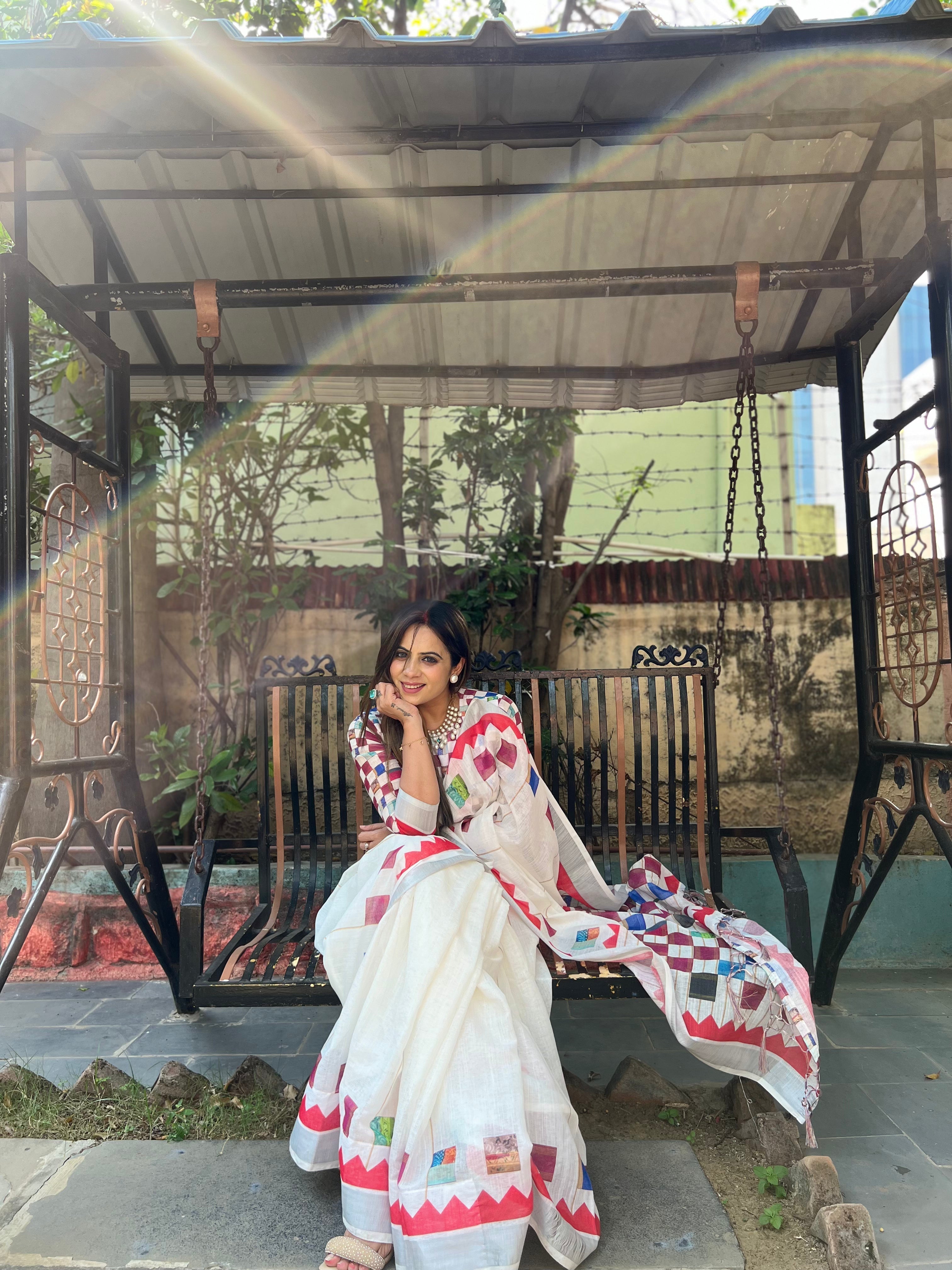 White Pure Cotton Linen Saree with Multicolor Checkered Design, Blouse, and Tassel Detailing LINEN