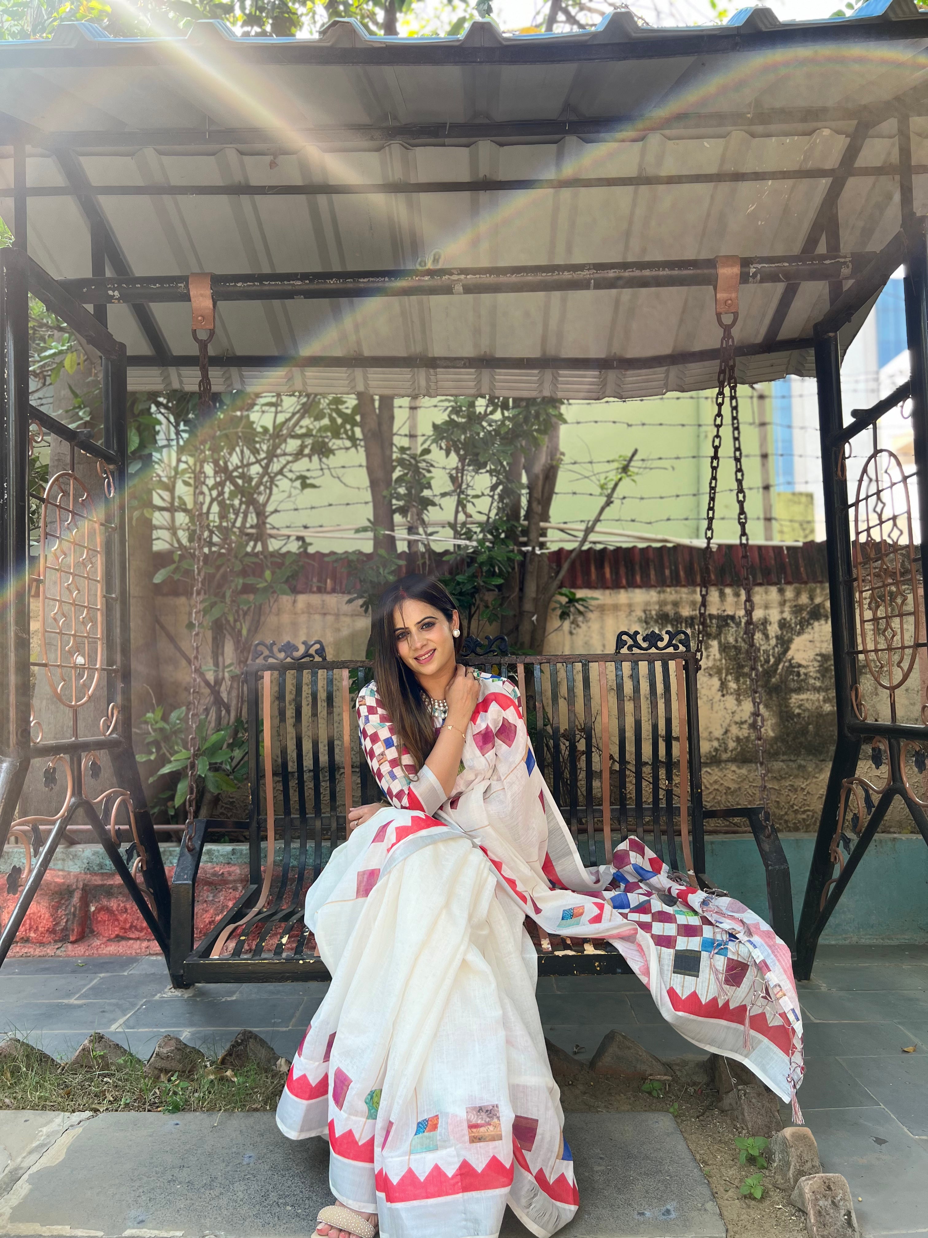 White Pure Cotton Linen Saree with Multicolor Checkered Design, Blouse, and Tassel Detailing LINEN