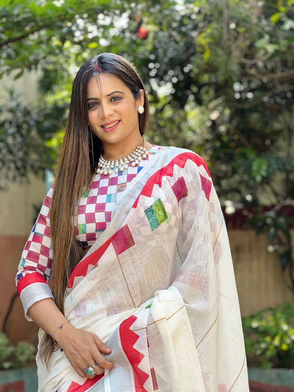 White Pure Cotton Linen Saree with Multicolor Checkered Design, Blouse, and Tassel Detailing LINEN