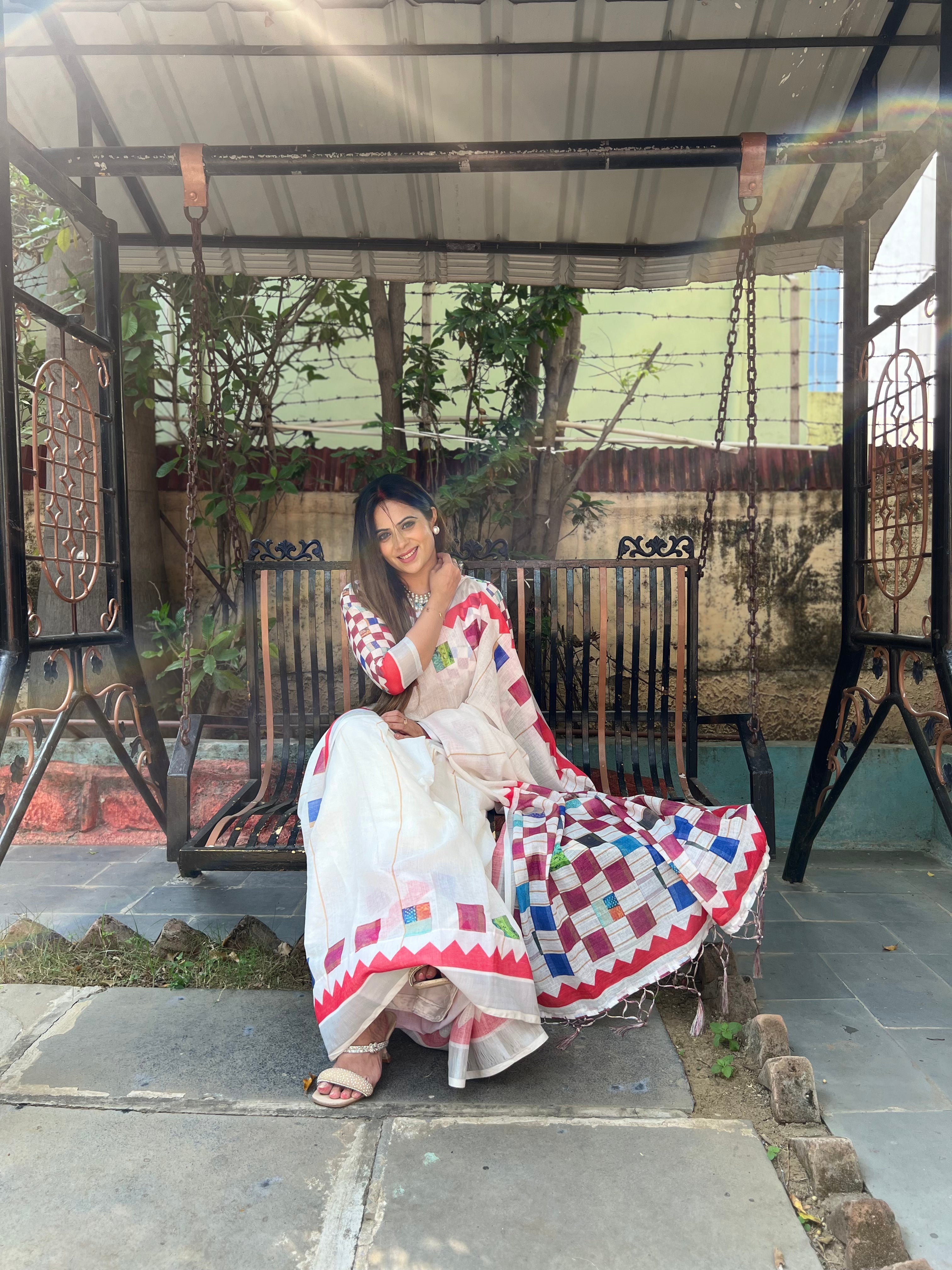 White Pure Cotton Linen Saree with Multicolor Checkered Design, Blouse, and Tassel Detailing LINEN