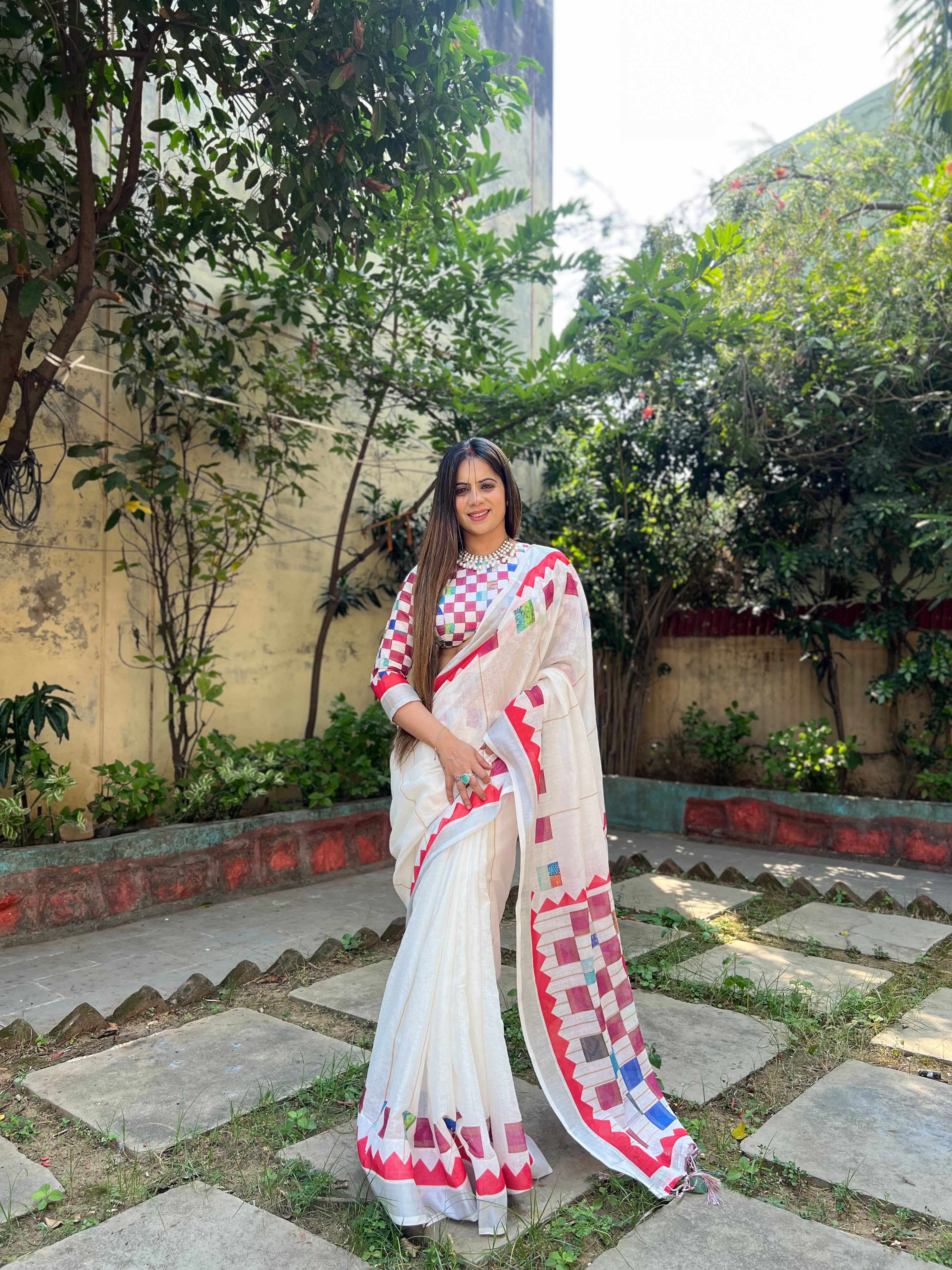 White Pure Cotton Linen Saree with Multicolor Checkered Design, Blouse, and Tassel Detailing LINEN