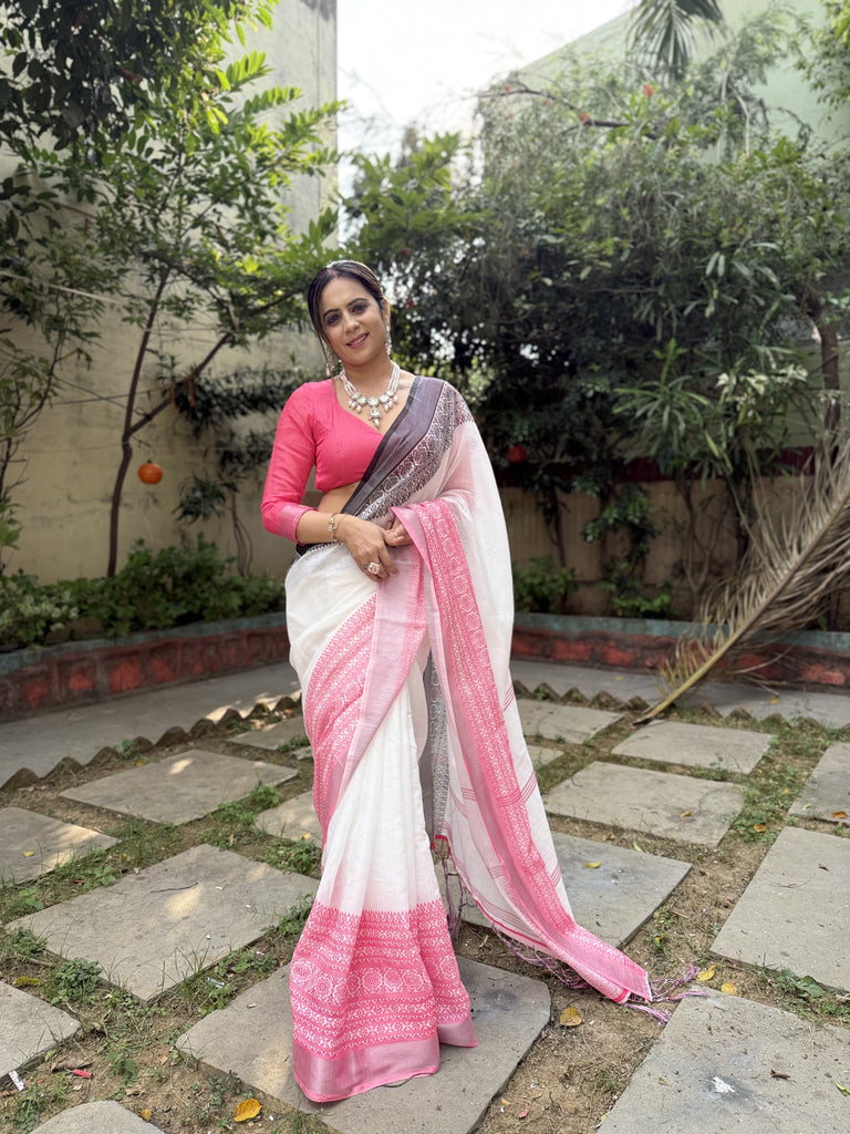 Elegant White and Pink Pure Linen Digital Printed Saree with Black Border, Tassels, and Blouse Piece – Intricate Floral and Geometric Design LINEN