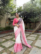 Load image into Gallery viewer, Elegant White and Pink Pure Linen Digital Printed Saree with Black Border, Tassels, and Blouse Piece – Intricate Floral and Geometric Design LINEN