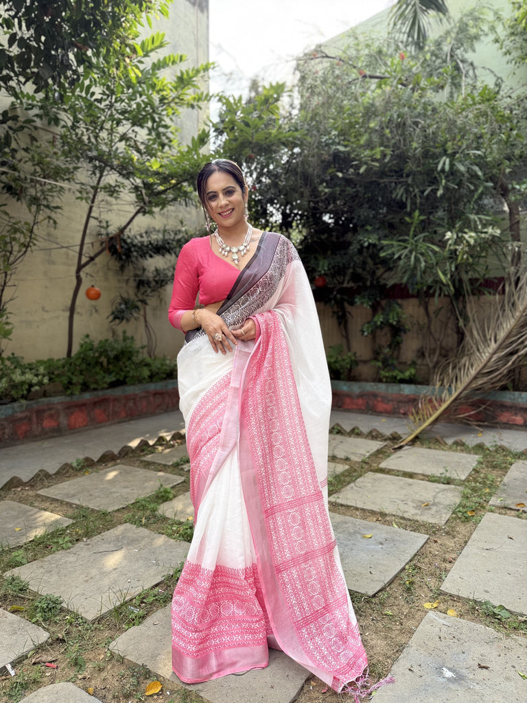 Elegant White and Pink Pure Linen Digital Printed Saree with Black Border, Tassels, and Blouse Piece – Intricate Floral and Geometric Design LINEN
