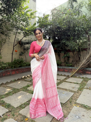 Elegant White and Pink Pure Linen Digital Printed Saree with Black Border, Tassels, and Blouse Piece – Intricate Floral and Geometric Design LINEN