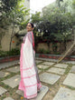 Load image into Gallery viewer, Elegant White and Pink Pure Linen Digital Printed Saree with Black Border, Tassels, and Blouse Piece – Intricate Floral and Geometric Design LINEN
