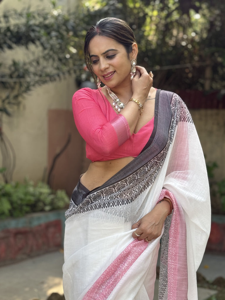 Elegant White and Pink Pure Linen Digital Printed Saree with Black Border, Tassels, and Blouse Piece – Intricate Floral and Geometric Design LINEN