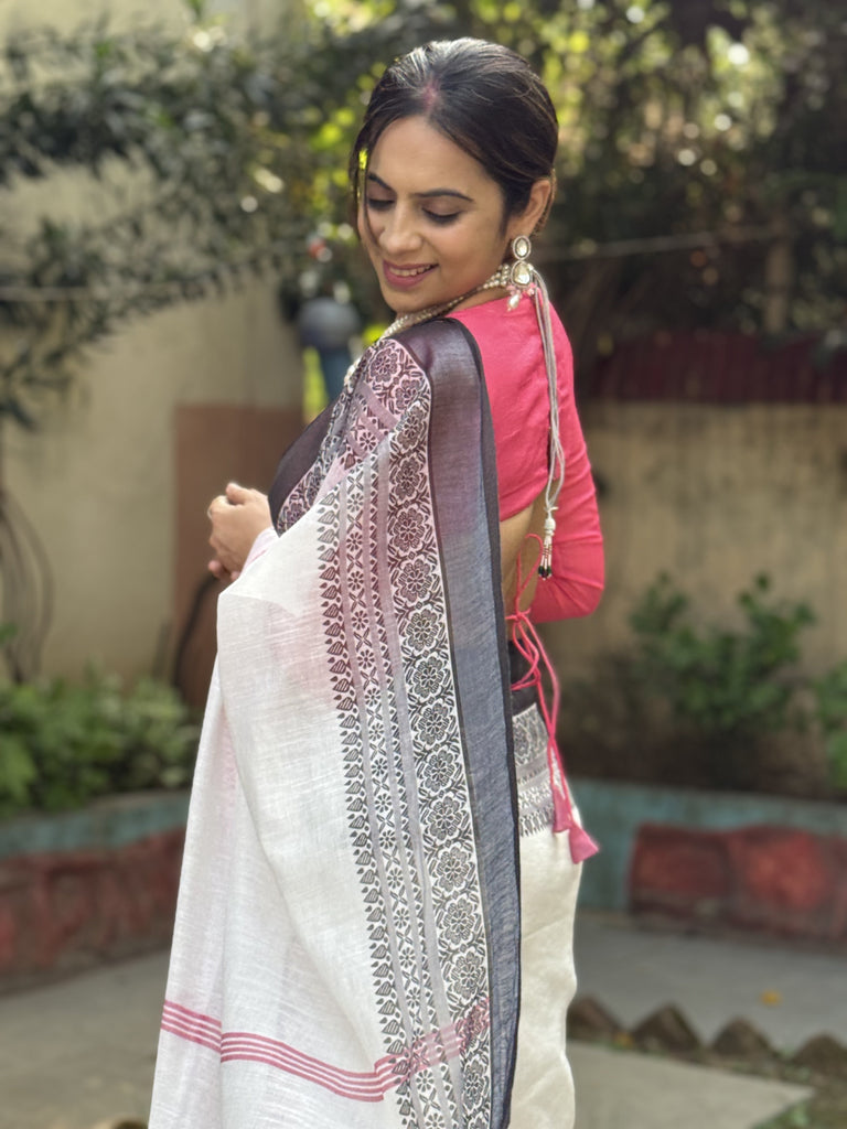 Elegant White and Pink Pure Linen Digital Printed Saree with Black Border, Tassels, and Blouse Piece – Intricate Floral and Geometric Design LINEN