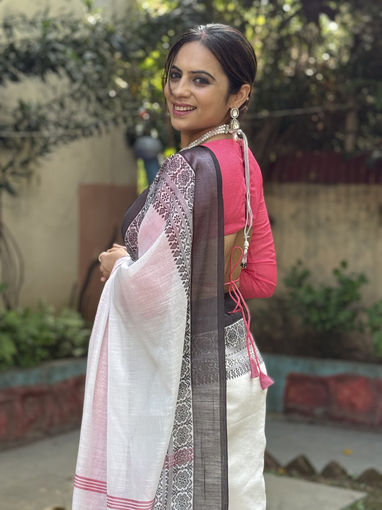 Elegant White and Pink Pure Linen Digital Printed Saree with Black Border, Tassels, and Blouse Piece – Intricate Floral and Geometric Design LINEN