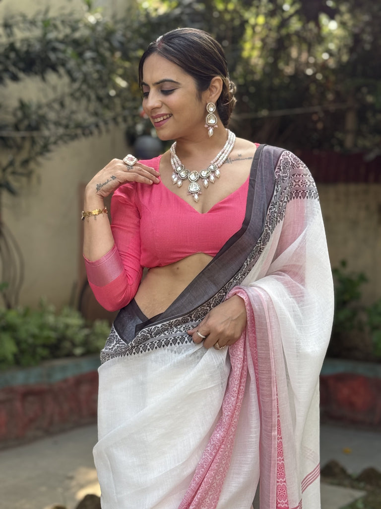 Elegant White and Pink Pure Linen Digital Printed Saree with Black Border, Tassels, and Blouse Piece – Intricate Floral and Geometric Design LINEN