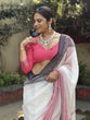Load image into Gallery viewer, Elegant White and Pink Pure Linen Digital Printed Saree with Black Border, Tassels, and Blouse Piece – Intricate Floral and Geometric Design LINEN