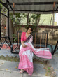 Load image into Gallery viewer, Elegant White and Pink Pure Linen Digital Printed Saree with Black Border, Tassels, and Blouse Piece – Intricate Floral and Geometric Design LINEN