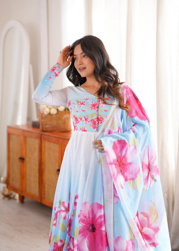 Sky Blue Floral Print Organza Silk Anarkali ClothsVilla