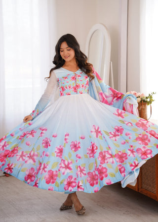 Sky Blue Floral Print Organza Silk Anarkali ClothsVilla