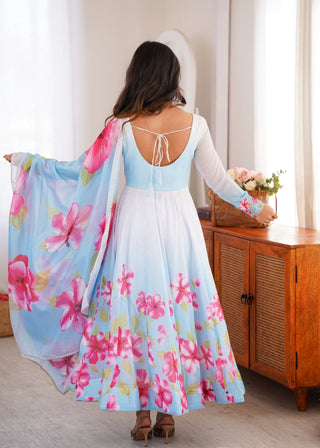 Sky Blue Floral Print Organza Silk Anarkali ClothsVilla