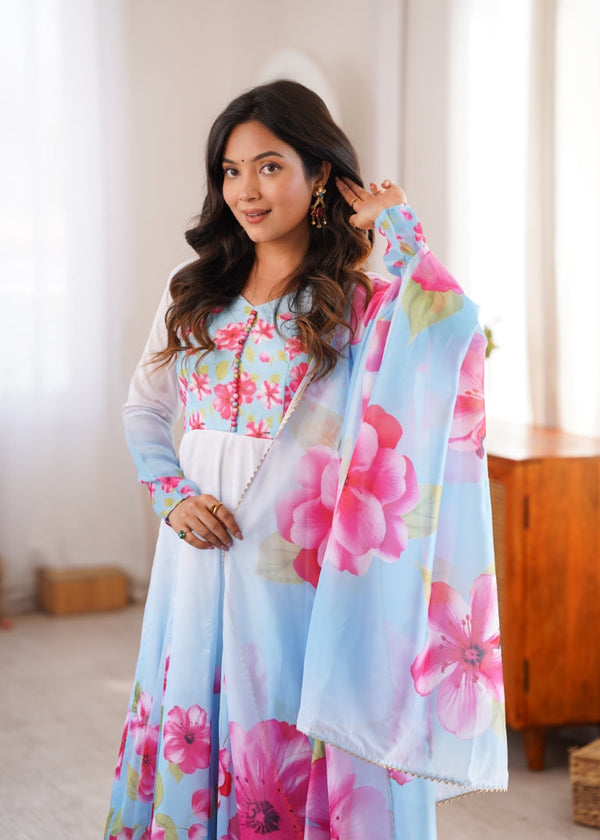 Sky Blue Floral Print Organza Silk Anarkali ClothsVilla