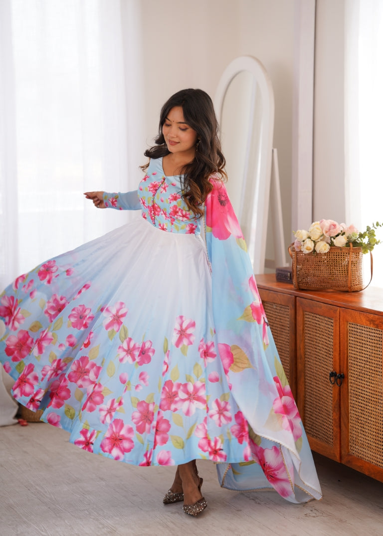 Sky Blue Floral Print Organza Silk Anarkali ClothsVilla