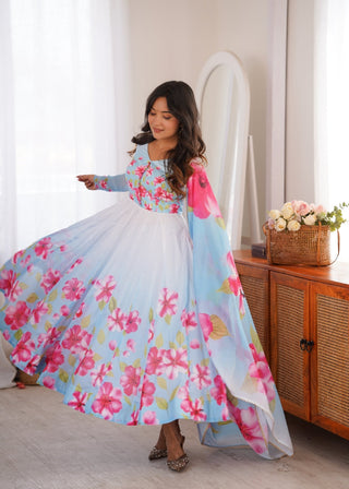 Sky Blue Floral Print Organza Silk Anarkali ClothsVilla