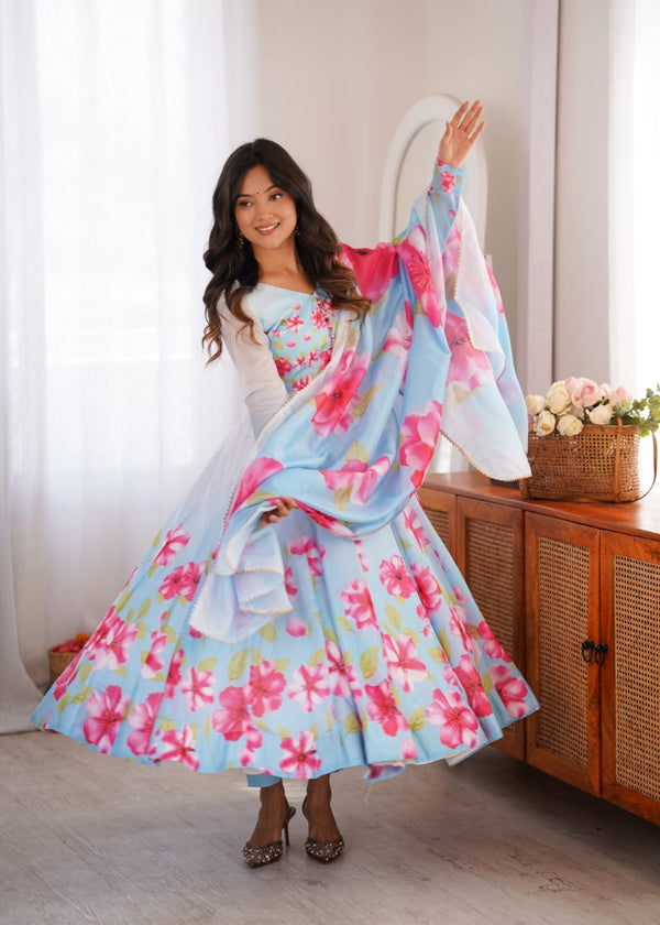 Sky Blue Floral Print Organza Silk Anarkali ClothsVilla