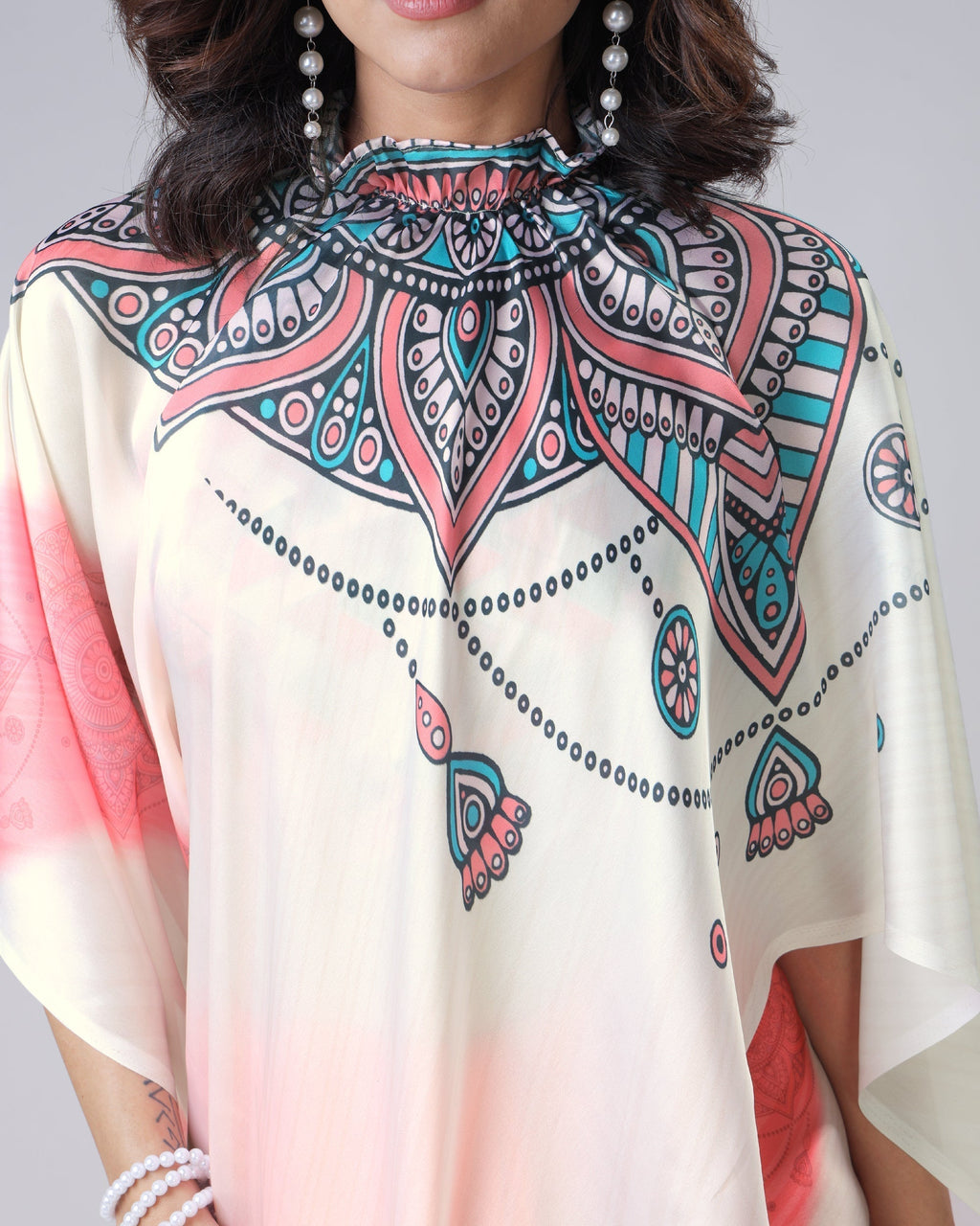 Coral Cream Mandala Print Freehand Saree – Handsfree Draping Elegance FREEHANDED