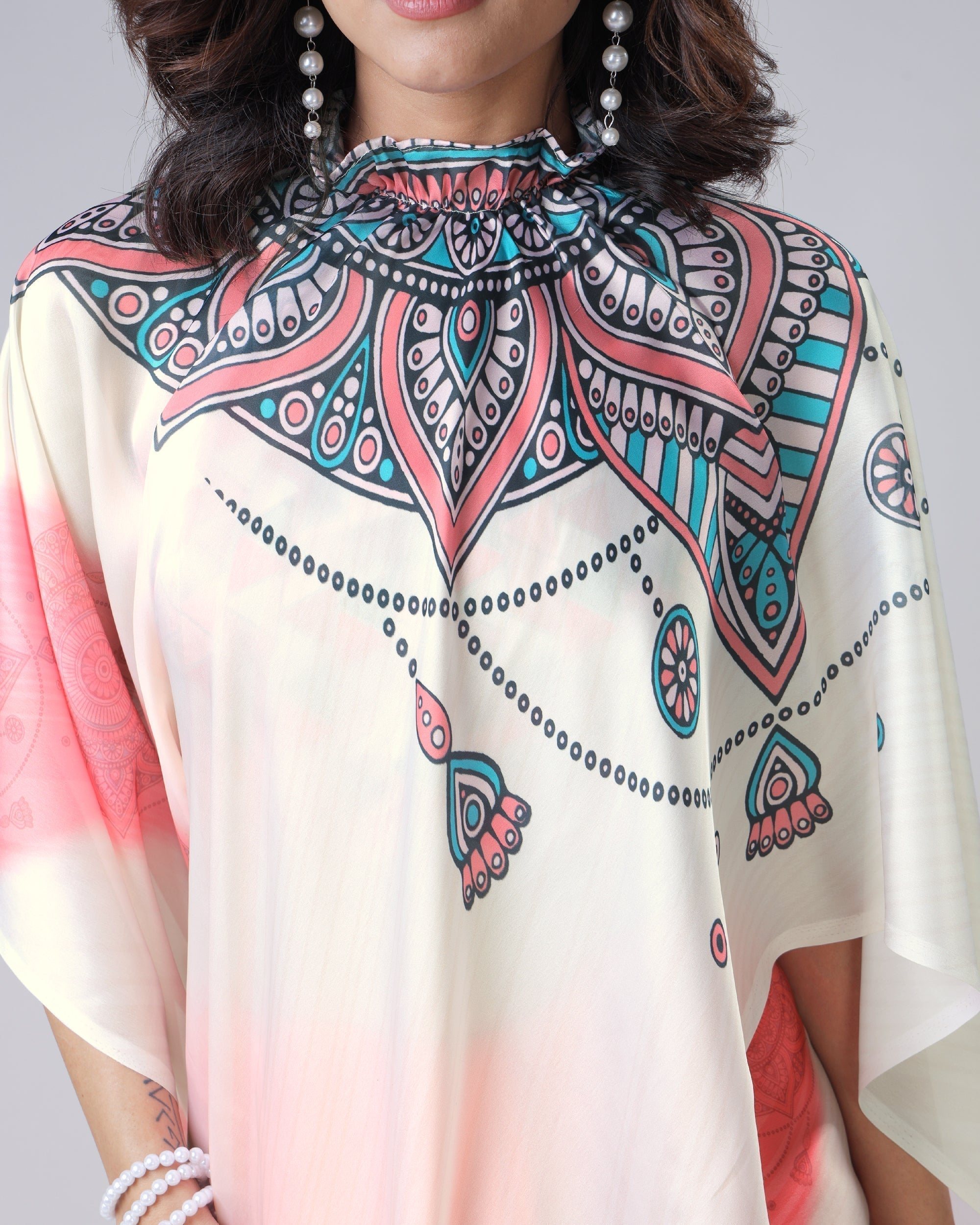 Coral Cream Mandala Print Freehand Saree – Handsfree Draping Elegance FREEHANDED