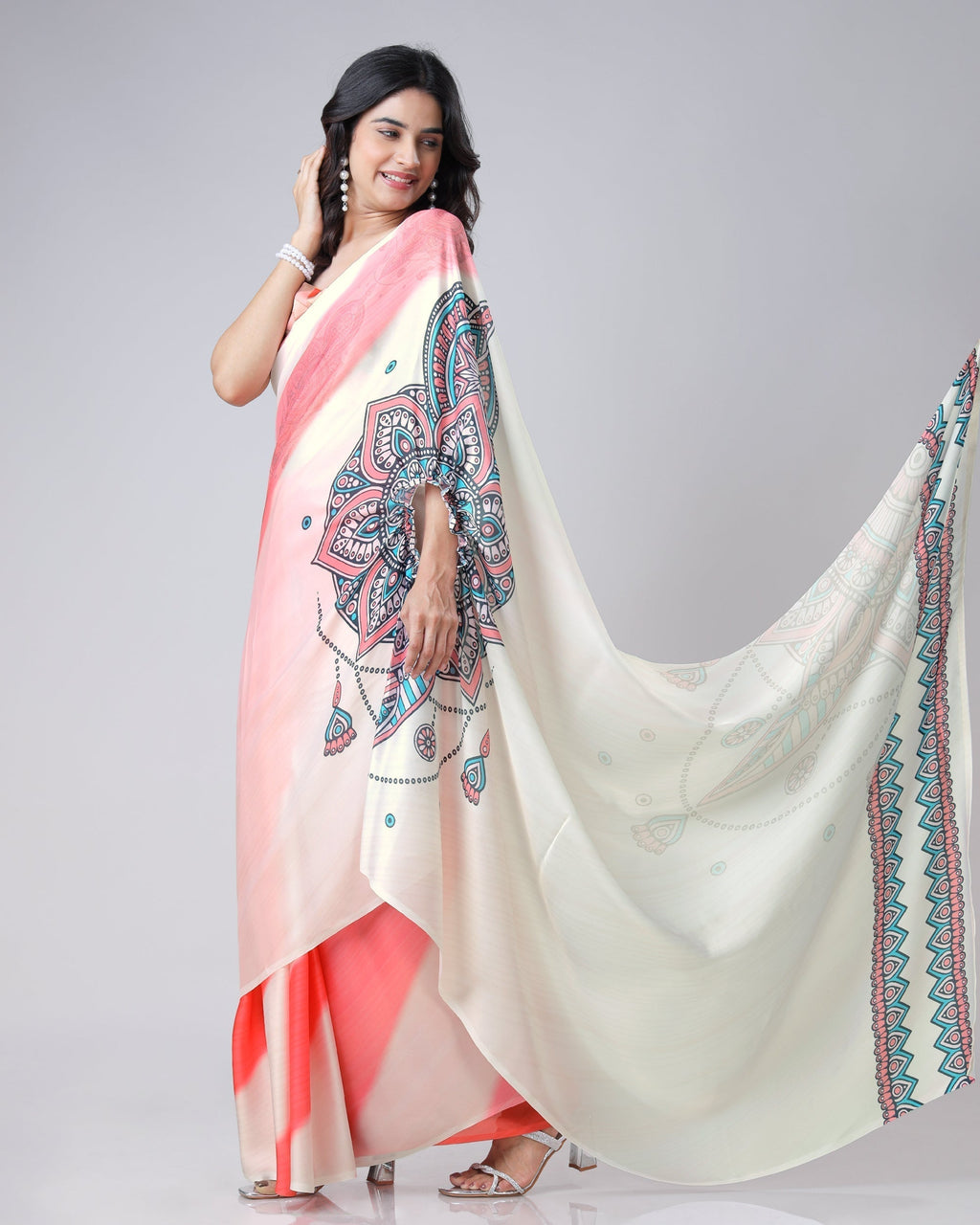Coral Cream Mandala Print Freehand Saree – Handsfree Draping Elegance FREEHANDED