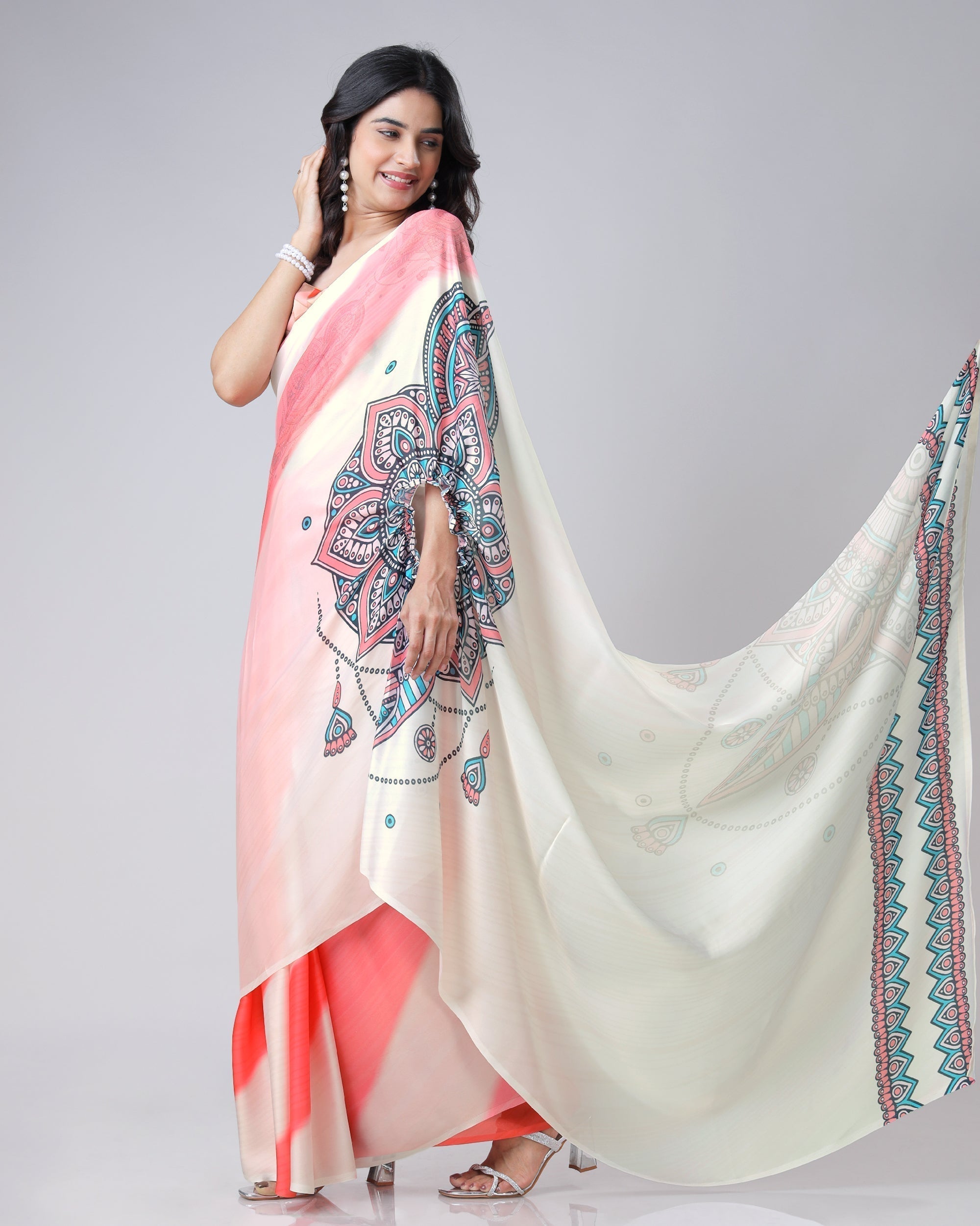 Coral Cream Mandala Print Freehand Saree – Handsfree Draping Elegance FREEHANDED