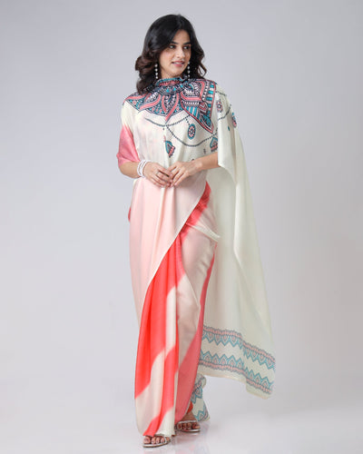 Coral Cream Mandala Print Freehand Saree – Handsfree Draping Elegance FREEHANDED