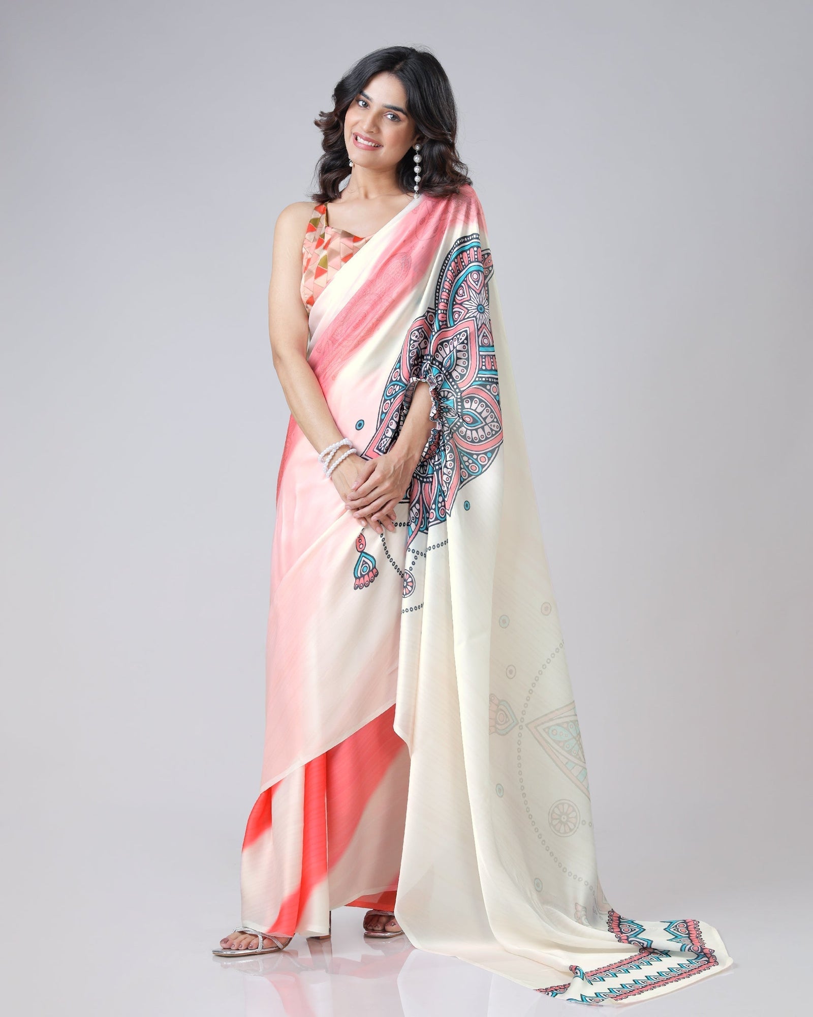 Coral Cream Mandala Print Freehand Saree – Handsfree Draping Elegance FREEHANDED