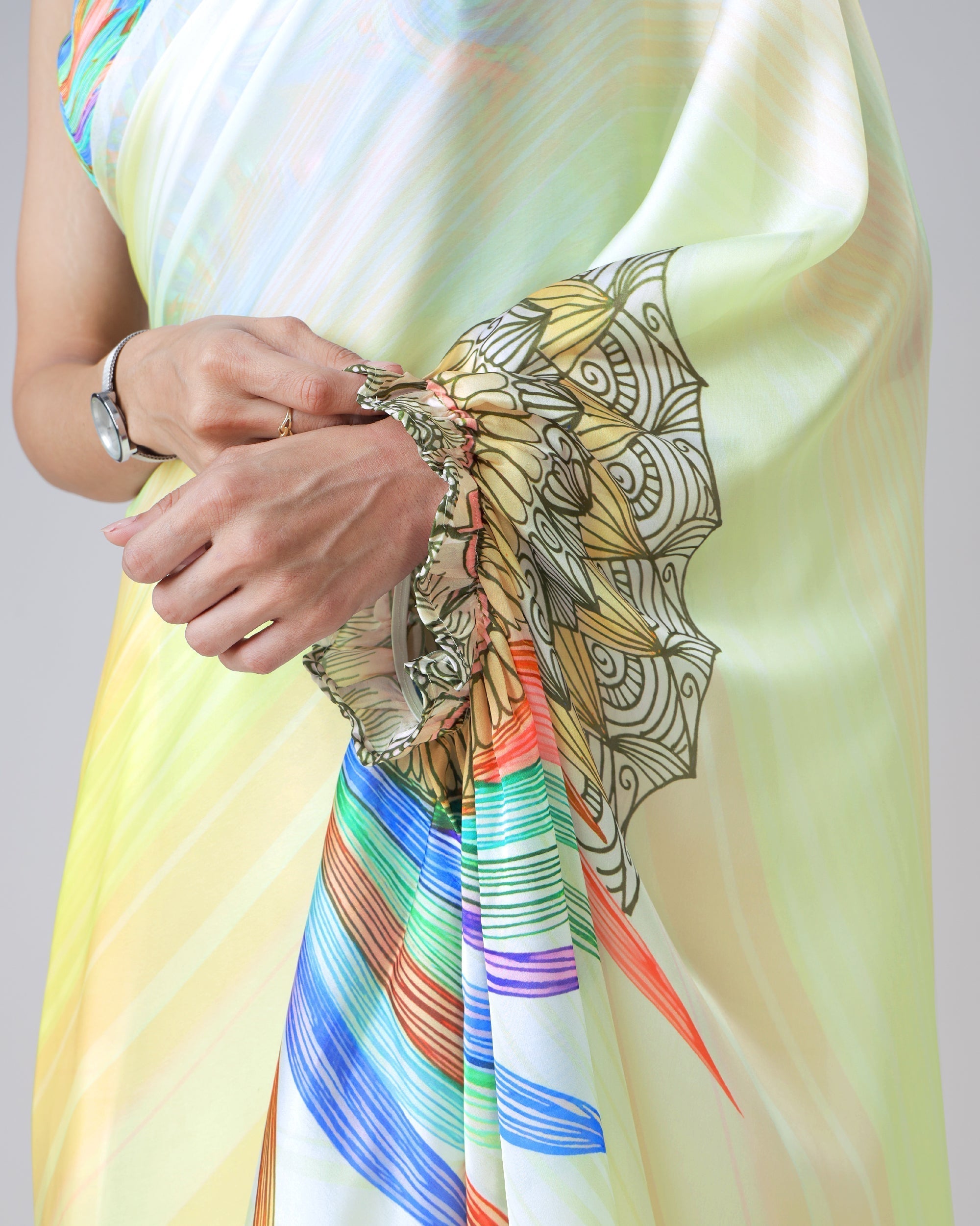 Lemon Yellow Rainbow Feather Freehand Saree – Modern Artistry with Handsfree Drape FREEHANDED