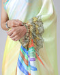 Load image into Gallery viewer, Lemon Yellow Rainbow Feather Freehand Saree – Modern Artistry with Handsfree Drape FREEHANDED