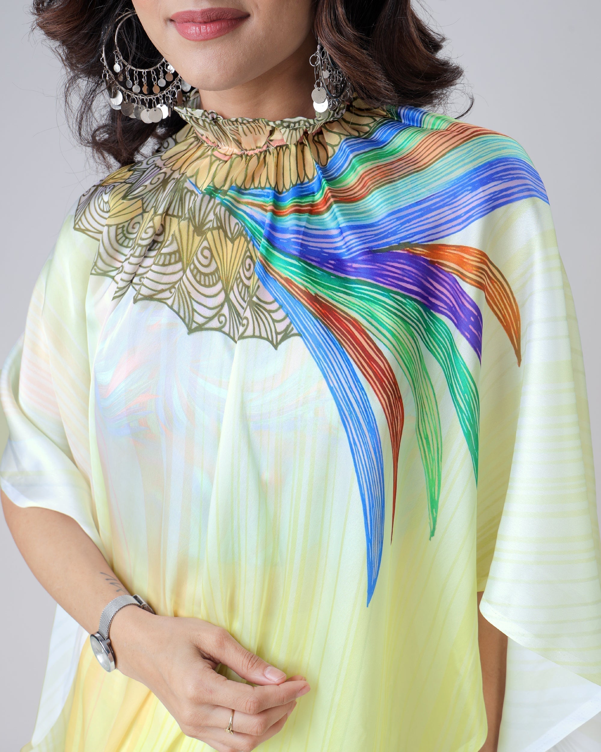 Lemon Yellow Rainbow Feather Freehand Saree – Modern Artistry with Handsfree Drape FREEHANDED