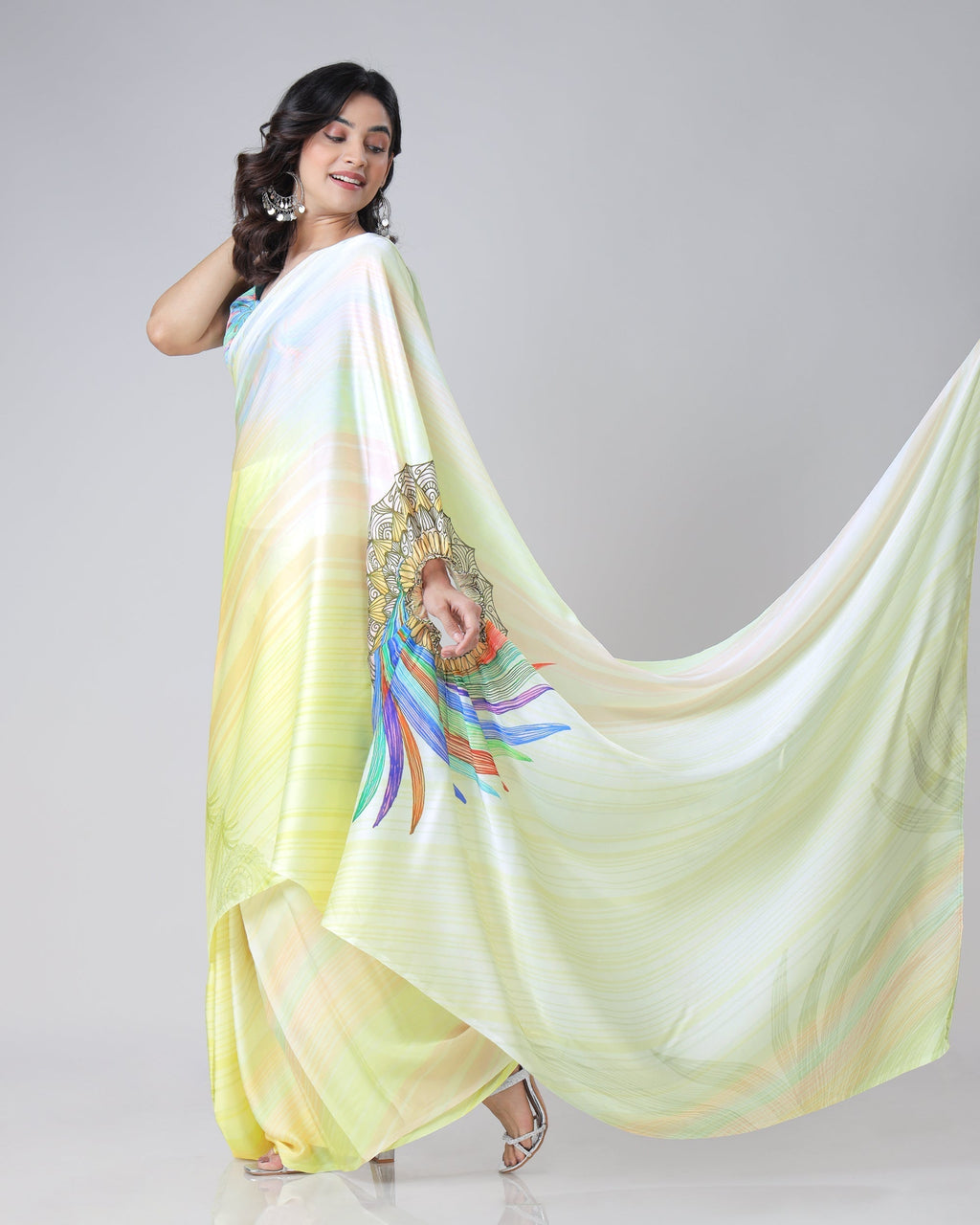 Lemon Yellow Rainbow Feather Freehand Saree – Modern Artistry with Handsfree Drape FREEHANDED