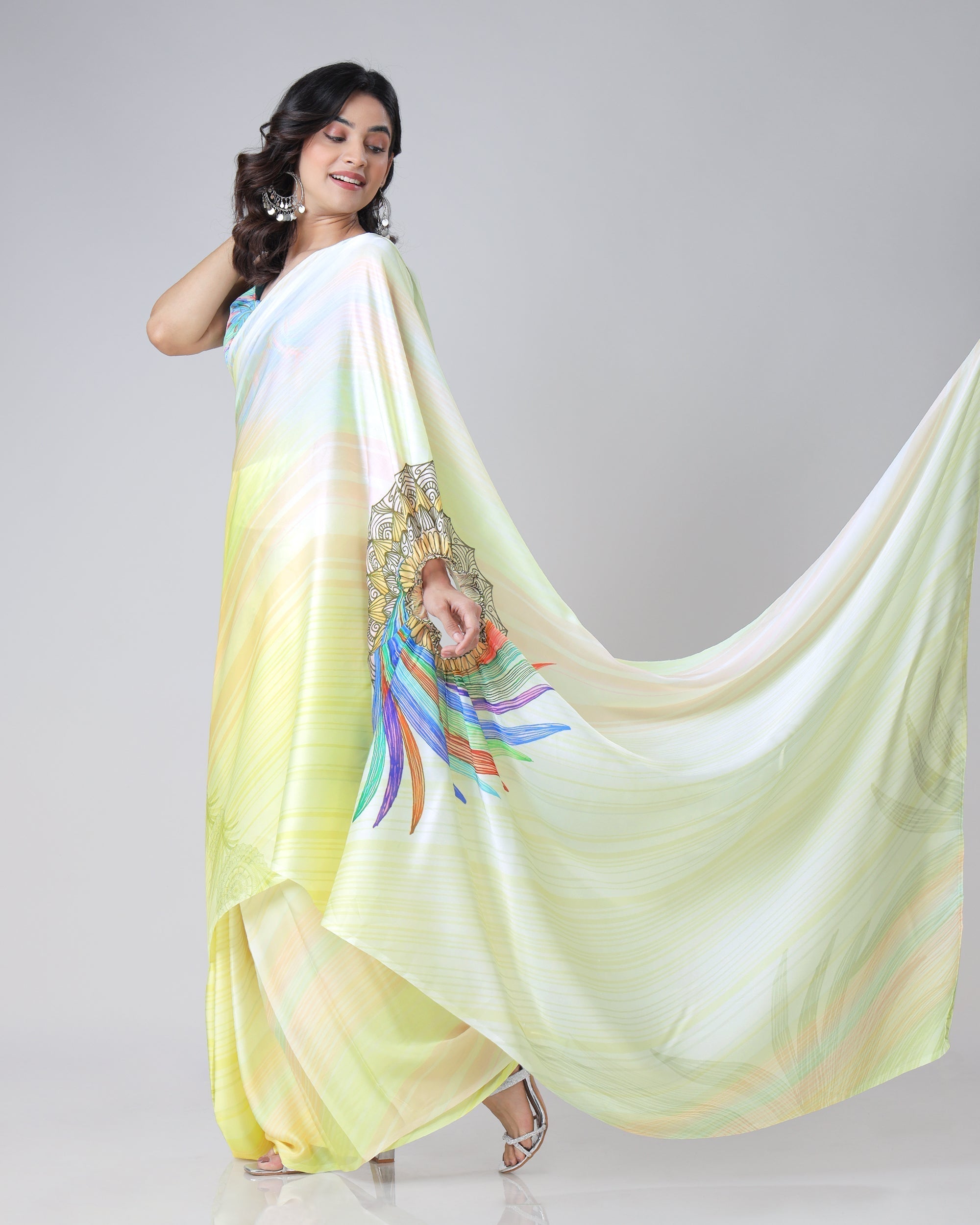 Lemon Yellow Rainbow Feather Freehand Saree – Modern Artistry with Handsfree Drape FREEHANDED