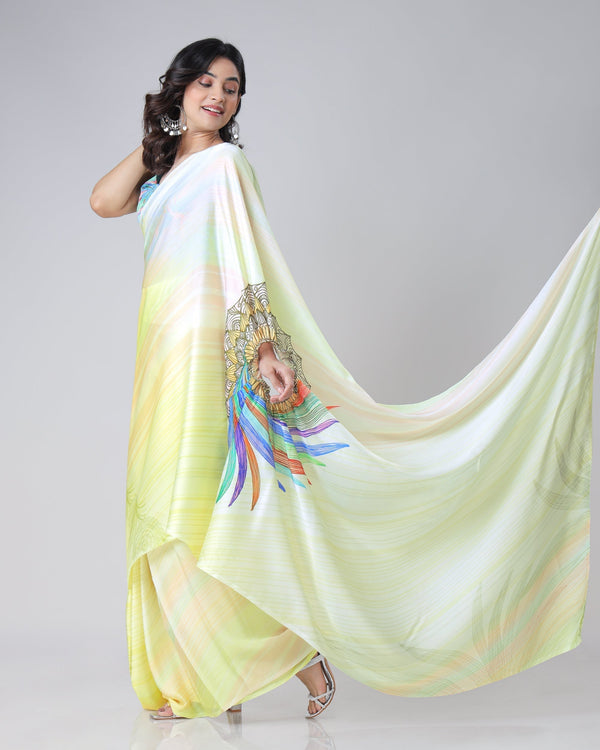 Lemon Yellow Rainbow Feather Freehand Saree – Modern Artistry with Handsfree Drape FREEHANDED