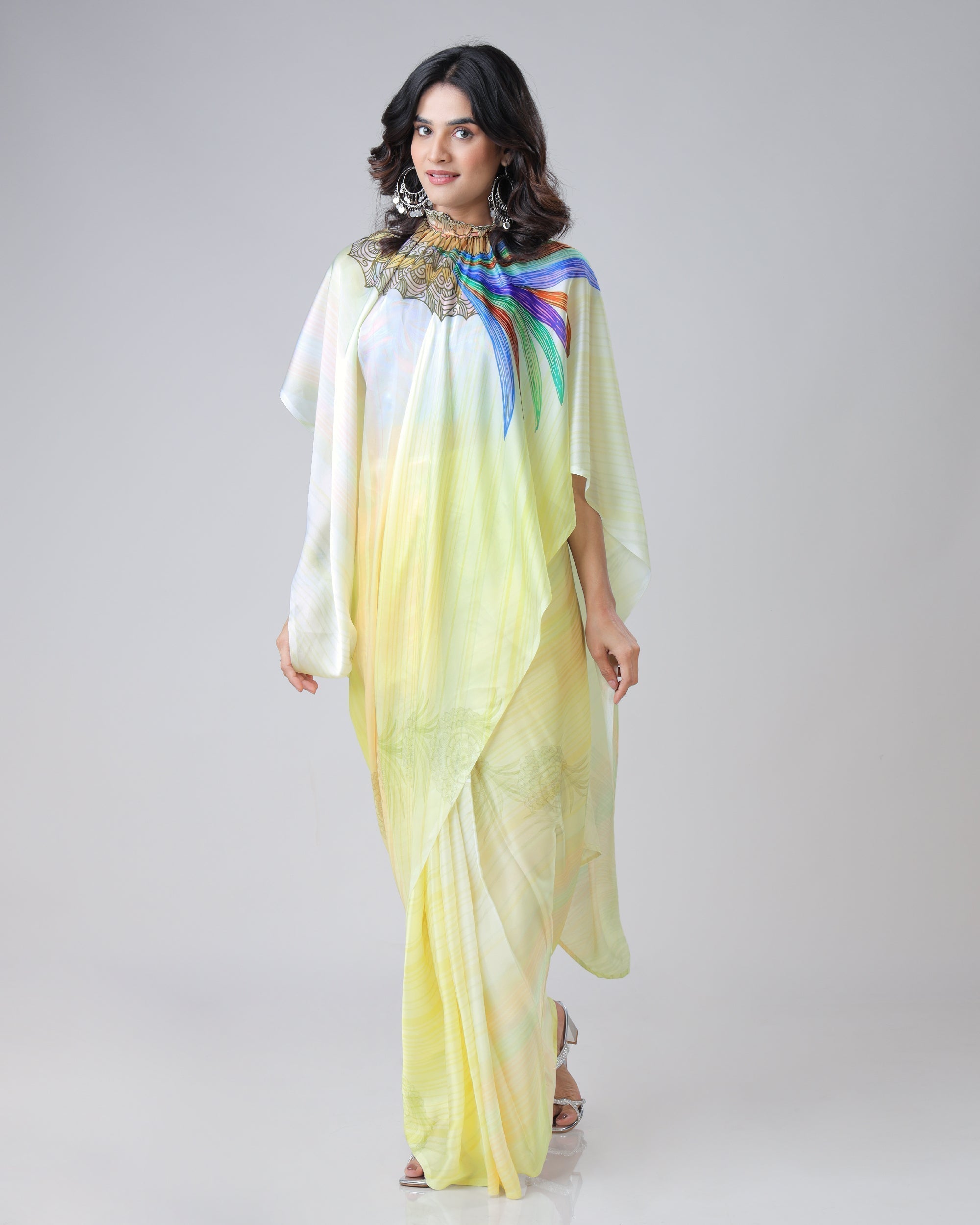 Lemon Yellow Rainbow Feather Freehand Saree – Modern Artistry with Handsfree Drape FREEHANDED Main image