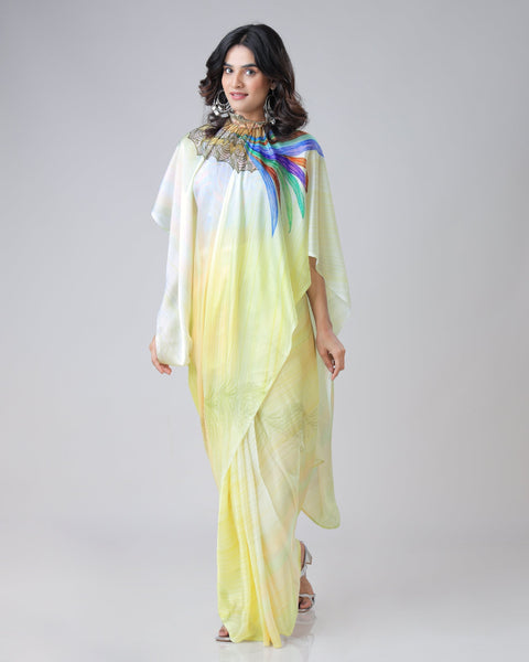 Lemon Yellow Rainbow Feather Freehand Saree – Modern Artistry with Handsfree Drape FREEHANDED Main image